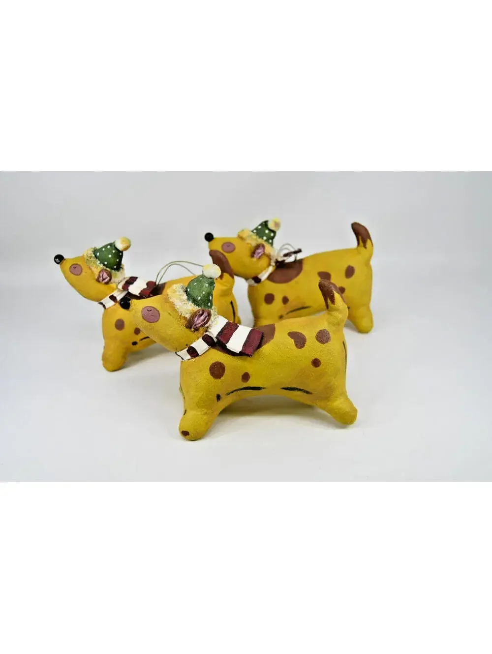 VTG Fabric Mache Christmas Ornament Spotted Dog Pup Scarf Hat Painted Hard Plush
